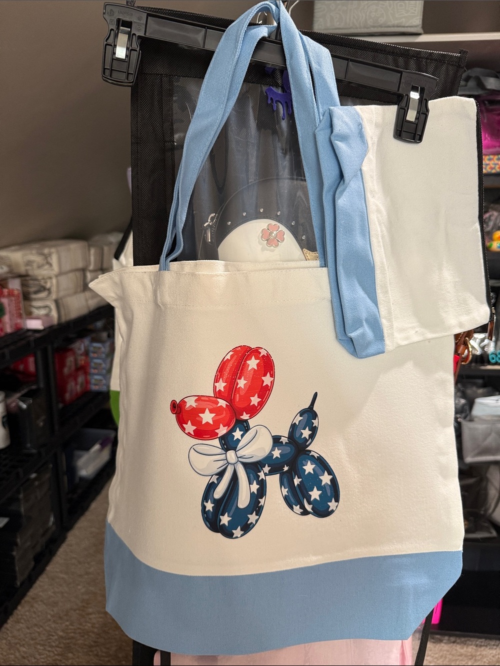 Patriotic Balloon Dog Canvas Tote with Light Blue Trim